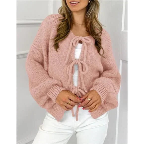 Women's Tie Front Bow Cardigan Sweaters Chunky Knit Long Puff - Picture 4 of 7